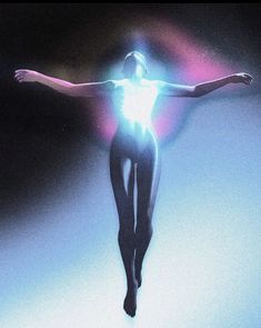 a woman with her arms spread out in the air and glowing light coming from her chest