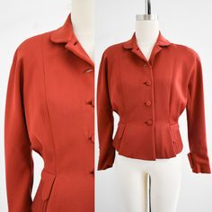 Description: 1940s rusty brick red fine wool jacket. Crepe lining. Long dolman sleeves with padded shoulders. Quilted accents on peplum and cuffs. Button front. Condition: In fair condition, with no stains. It has a few small moth holes. It is missing its top two buttons. The lining has some fading and some open seams. Dry cleaned. Designer: Audrey Alan  Stated size: n/a  Measurements: Armpit to armpit: 18"  Shoulder to shoulder: 17.5" Sleeve length: 23"  Overall length: 21.5"  Waist: 28" ---> I Vintage Solid Blazer With Button Closure, Vintage Outerwear With Button Cuffs For Office, Vintage Red Outerwear For Office, Vintage Red Blazer For Workwear, 1940s Clothing, Small Moths, Womens Tweed Jacket