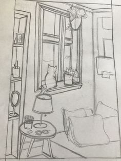 a drawing of a living room with a cat sitting on the window sill looking out