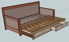 an image of a bed with drawers on the bottom and side sides that are open