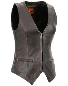 Premium naked goatskin leather. Zipper front design with 2 lower zipper pockets. Full height side stretch panels give perfect fit for any size. Utility Vest Outfit, Motorcycle Leather Vest, Concealed Carry Vest, Womens Motorcycle, Polyvore Clothes, Biker Wear, Leather Biker Vest, Fashion Vest, Ladies Club