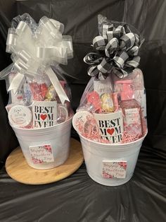 two buckets filled with different types of gifts