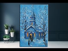 a painting of a church in the snow with trees and people walking by on it