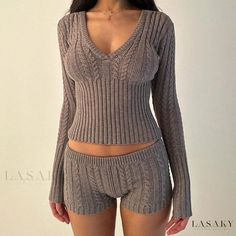 Lasaky - Textile Knit Top with Chevron Pattern and Cinched Waist Low Waist Shorts, 2 Piece Short Set, Zippered Cardigan, Grey Knit Sweater, Knitting Girls, Solid Clothes, Gyaru, Low Waist, Sweater And Shorts