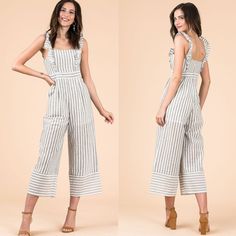 + Striped Overall Jumpsuit + Capri Length + Ruffled Shoulder Straps + Side Seam Pockets On Either Side + Zipper At Back + Model Is 5' 10" 32-23-34 And Wearing A Size Small * Fabric 100% Polyester No Trade, Price Firm Back Model, Overall Jumpsuit, Ruffle Jumpsuit, Grey Color, Shoulder Straps, Side Zipper, Pant Jumpsuit, Jumpsuit Romper, Capri