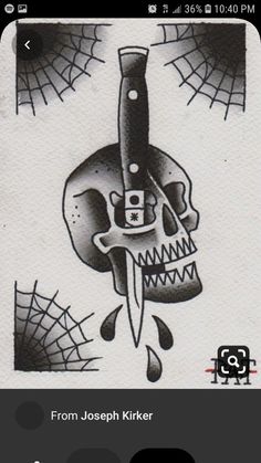 a black and white drawing of a skull with a knife in it's mouth