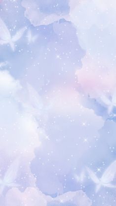 the sky is filled with white clouds and stars in pastel blue, pink and purple colors