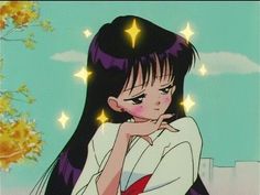 an anime character with long black hair wearing a white shirt and red bow tie sitting in front of a tree