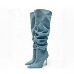 Heeled Over The Knee Boots In Denim. Wide Pleated Shaft. Pointed Toe. Airfit. Flexible Technical Sole Made Of Latex Foam Designed To Offer Increased Comfort. Heel Height: 3.9 Inches (10 Cm) Color: Blue Size Us 6 / Eu 36 New With Tags Winter Denim Blue Boots With Pointed Toe, Denim Blue Pointed Toe Winter Boots, Chic Denim Blue High Heel Boots, Fitted Light Blue Winter Boots, Light Blue Party Boots For Fall, Trendy Fitted Light Blue Boots, Chic Blue Denim Boots, Fitted Light Blue Pointed Toe Boots, Chic Winter Denim Boots