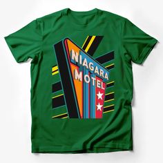 Retro Niagara Motel Graphic Tee, Vintage Inspired Bold Stripes and Neon Sign Design T-Shirt Male T-Shirt Custom graphic T-Shirt.Customize your color