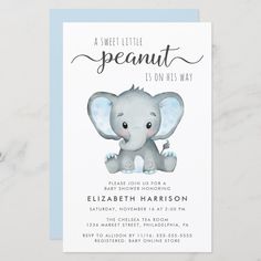 an elephant baby shower card with the words, sweet little peanut is on his way