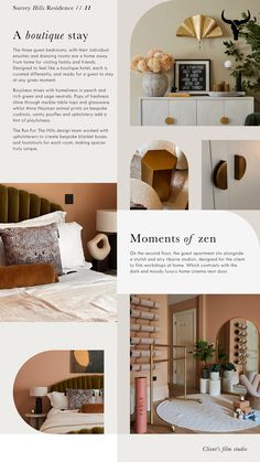 an article from the magazine moments of zen with images of furniture and decor items