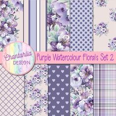 purple watercolour florals digital paper pack with hearts, flowers and polka dots