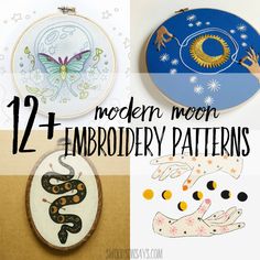 the twelve modern embroidery patterns are featured in this collage with text that reads, 12 modern moon embroidery patterns