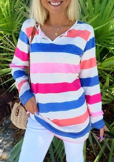 Item #: 515625_1 Package : 1 piece Clothing Length : Regular Collar : V-Neck Material : Polyester Pattern Type : Color Block Pattern Type : Striped Sleeve Length : Full Sleeve Style : Regular Style : Casual Item Weight : 200.00 gram Item Length : 67.00 CM Beach Trends, Outfit 2023, Spaghetti Strap Bodycon Dress, Clothing Shopping, Blouse Summer, Casual Tanks, Fashion Lady, Soft Summer