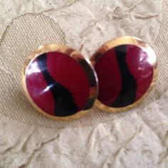 "Laurel Burch Earrings KASHI Red Black Gold Cloisonne Stud Post Back Vintage Jewelry 1980s Two sweet minimalist Ged and Gold cuties. Each measure approx. 3/4\" Long x 3/4\" Wide with 14k Gold Filled Posts. These will come with new post nuts. Named and signed on the back: KASHI/ Laurel Burch. A Genuine LAUREL BURCH COLLECTIBLE from the mid-1980s. This pair is in lovely condition, no chips or repairs may be some very light, fine scratches, or minimal wear around the edges. Laurel Burch went on to Retro Red Clip-on Earrings For Formal Occasions, Retro Red Round Earrings, Red Retro Round Earrings, Retro Red Earrings For Formal Occasion, Red Retro Earrings For Formal Occasions, Retro Red Formal Earrings, Mid-century Red Jewelry For Gift, Vintage Red Clip-on Earrings As Gift, Vintage Red Clip-on Earrings