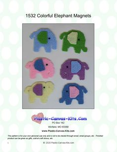 an image of four elephants made out of cross - stitch fabric with the words, 123 colorful elephant magnets