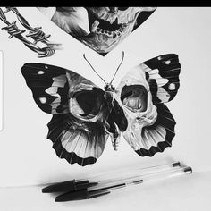 a black and white photo of a butterfly on a laptop with the image of a skull in the background