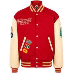 a red and white jacket with patches on the front, two sleeves and one side