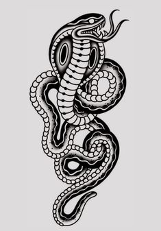 a black and white drawing of a snake on a gray background, with the tail curled up