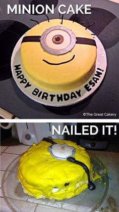 two cakes that have been made to look like minion and the caption says, happy birthday finn nailed it