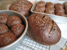 several loafs of bread sit in pans on a cooling rack next to each other