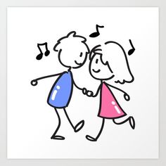 a drawing of two people holding hands with musical notes in the background