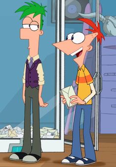 two cartoon characters are standing in front of a glass door and looking at each other