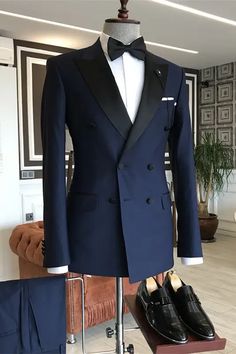 Darren Navy Blue Peaked Lapel Double Breasted Chic Men Suits For Business Navy Prom Suit, Prom Suits For Guys, Suits For Guys, Suits 2023, Prom Suits For Men, Double Breasted Tuxedo, Evening Suit, Classy Suits, Dress Suits For Men