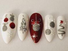 Custom made-to-order press on nails. Message me on Instagram @glamgelsofficial for more details.  All sets include an application kit with instructions, nail buffer, nail glue and cuticle stick. You choose the nail length,  shape and size.  These nails last 2+ weeks. Sizing kits available for custom sizing. Xmas White Nails, Grey And White Christmas Nails, Christmas Ball Nails, Christmas Press On Nail Designs, Christmas Nails Ornaments, Tan Christmas Nails, Snow Themed Nails, Red And White Christmas Nail Designs, Christmas Nye Nails