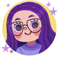 a girl with purple hair and glasses is looking at the camera while she has stars around her