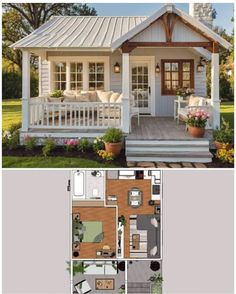 the floor plan for a small house with porches