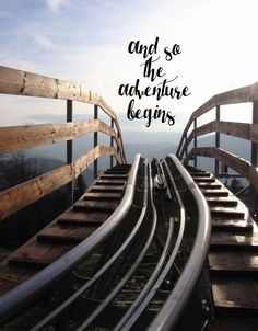 a person standing on top of a train track with the words and so the adventure begins