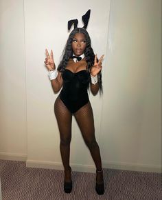 Halloween outfits Kylie Jenner Play Boy Bunny Halloween, Leather Bunny Costume, Play Boi Bunny Halloween, Lola Bunny Costume Black Woman, Playboy Mansion Party Theme Outfit, Bunny Costume Black Women, Playmate Costume Halloween, Women Halloween Outfits, Black Playboy Bunny Costume