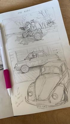 a drawing of two cars and a motorcycle on top of a piece of paper next to a pen