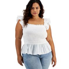 Add Feminine Flair To Your Bottoms With This Fetching Plus-Size Top From Inc International Concepts, Featuring An All-Cotton Finish. Fitted Square Neckline With Ruffled Trim Smocked All Over; Peplum Hem Tiered, Ruffled Cap Sleeves Cotton Machine Washable Imported Web Id: 13363591 Womens Halter Tops, Ruffled Top, Peplum Hem, Flutter Sleeve Top, Plus Size Top, Matching Family Outfits, Family Outfits, Sleeves (women), Inc International Concepts