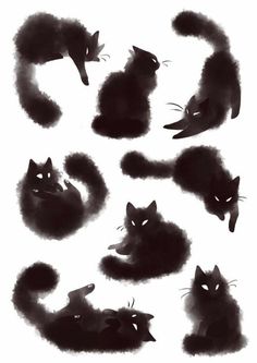 black cat silhouettes on white paper with watercolor effect and ink drawing style, set of nine images