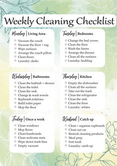 the weekly cleaning checklist is shown in green and blue tones with flowers on it