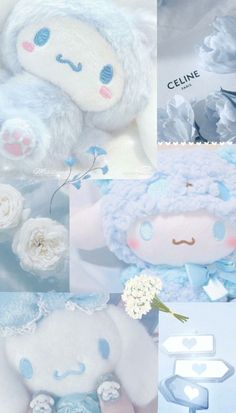 a collage of blue and white items including a stuffed animal, flowers, and cards