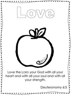 an apple with the words love in black and white, on a card that says