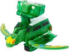 a green plastic toy vehicle with wheels and wings on it's back end, in front of a white background