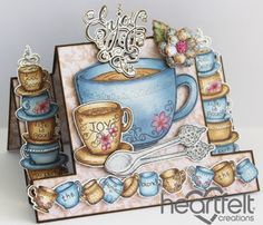 a card with some tea cups and spoons on top of it, in front of a white background