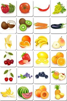 a variety of fruits and vegetables are arranged in squares