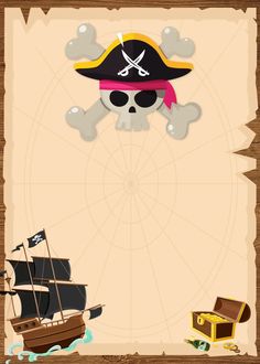 a pirate ship with a skull and crossbones on it's side next to an old map