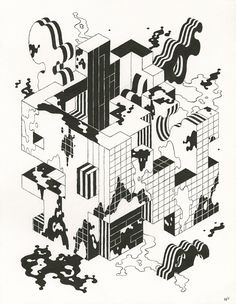 black and white drawing of an abstract structure with people standing around the cubes in it