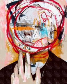 an abstract painting of a man with his hands on his face