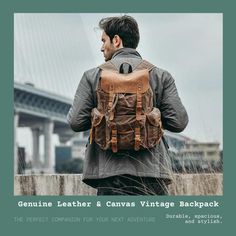 Genuine Leather & Canvas Vintage Backpack. Rugged Leather Backpack For Outdoor Activities, Brown Backpack With Multiple Pockets For Outdoor, Brown Backpack With Leather Handles For Outdoor, Brown Outdoor Backpack With Multiple Pockets, Brown Outdoor Backpack With Leather Handles, Outdoor Large Capacity Canvas Backpack, Rugged Leather Hiking Backpack, Rugged Leather Backpack For Travel, Rugged Canvas Backpack For Outdoor