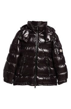 This hooded down puffer jacket crafted from glossy nylon is a contemporary take on an iconic Moncler design. A cockerel logo patch and engraved hardware bring signature touches to the look. Two-way front-zip closure Fixed hood Elastic cuffs Front zip pockets Lined, with down fill 100% polyamide Dry clean Imported Women's Designer Clothing Luxury Puffer Jacket With Padded Collar For Streetwear, Luxury Hooded Puffer Jacket For Streetwear, Designer Quilted Hooded Puffer Jacket, Designer Hooded Puffer Jacket With Padded Collar, Luxury Hooded Puffer Jacket With Zipper Closure, Luxury Down Puffer Jacket, Functional Style, Luxury Black Puffer Jacket With Detachable Hood, Luxury Black Hooded Puffer Jacket, Luxury Black Puffer Jacket With Double-lined Hood