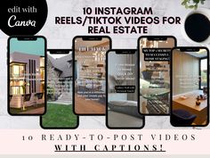 an advertisement for real estate with captions on the front and back sides, including text that reads 10 instagram reels / tiktok videos for real estate