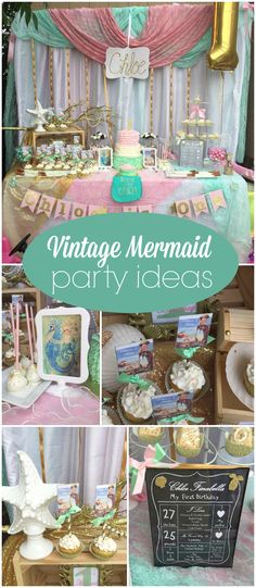 vintage mermaid party with pink, green and gold decorations including cupcakes, cookies, cake